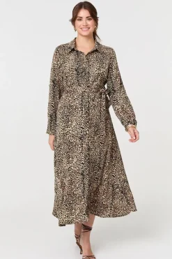 Animal Print Tie Waist Midi Shirt Dress
