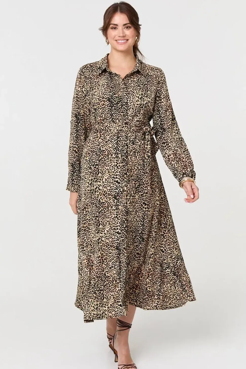 Animal Print Tie Waist Midi Shirt Dress