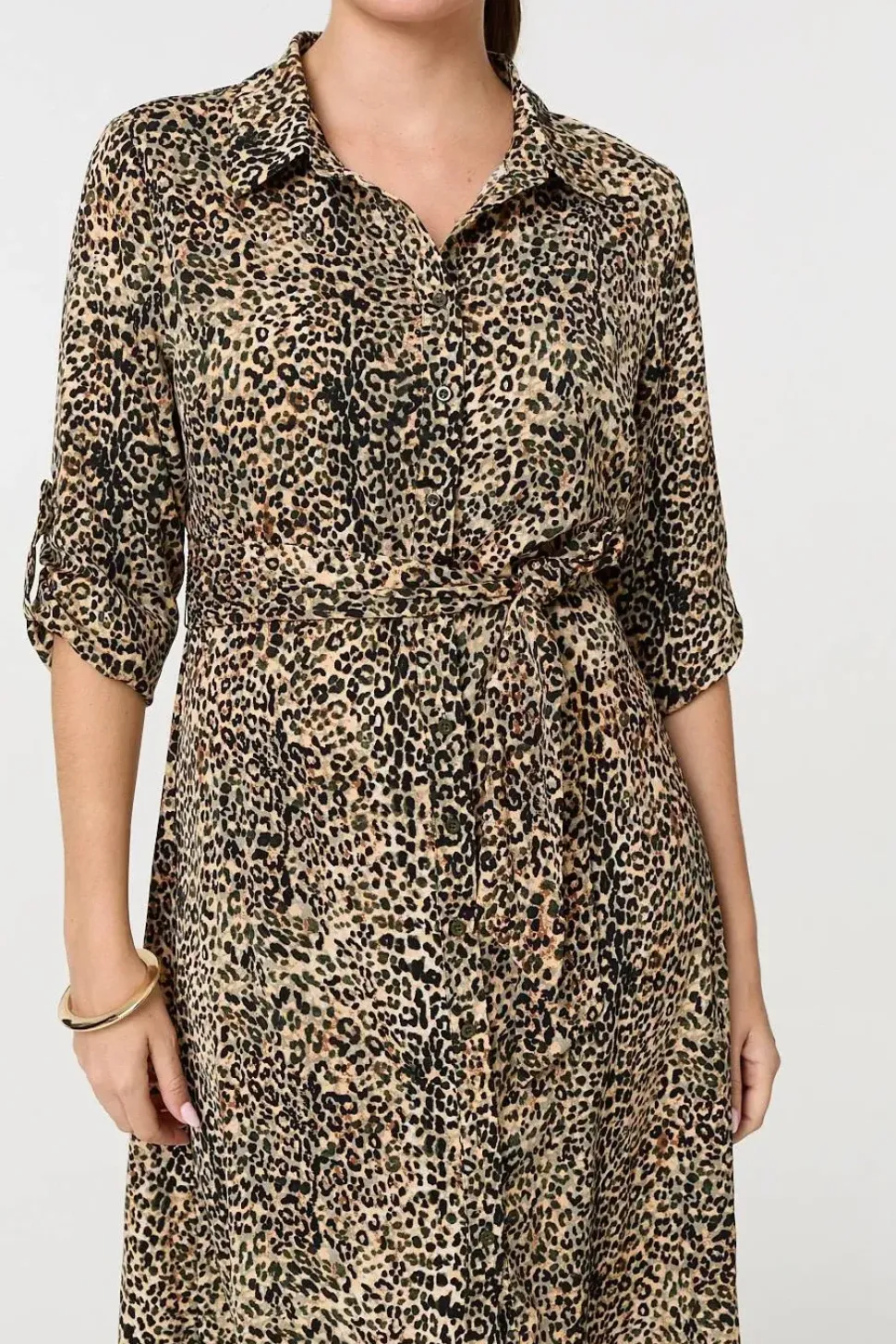 Animal Print Tie Waist Midi Shirt Dress