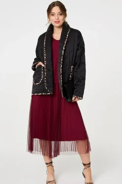 Animal Print Trim Open Front Padded Coat