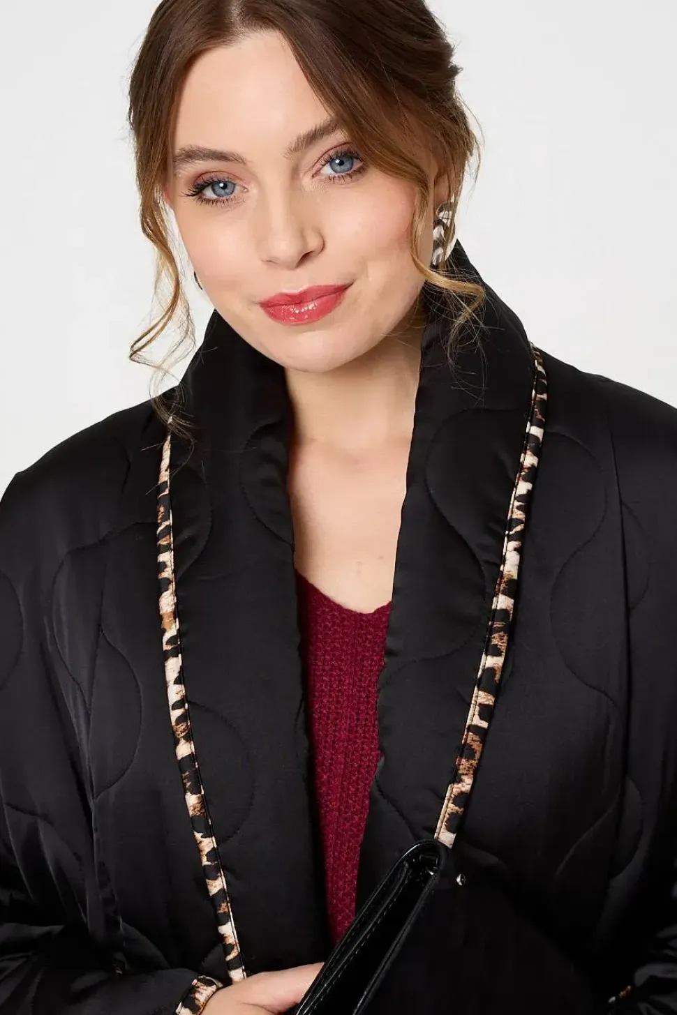 Animal Print Trim Open Front Padded Coat