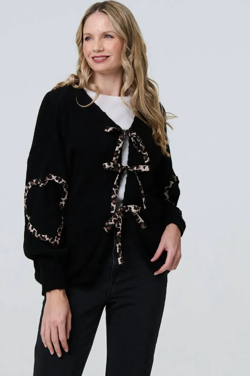 Animal Print Trim Tie Front Cardigan