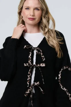 Animal Print Trim Tie Front Cardigan