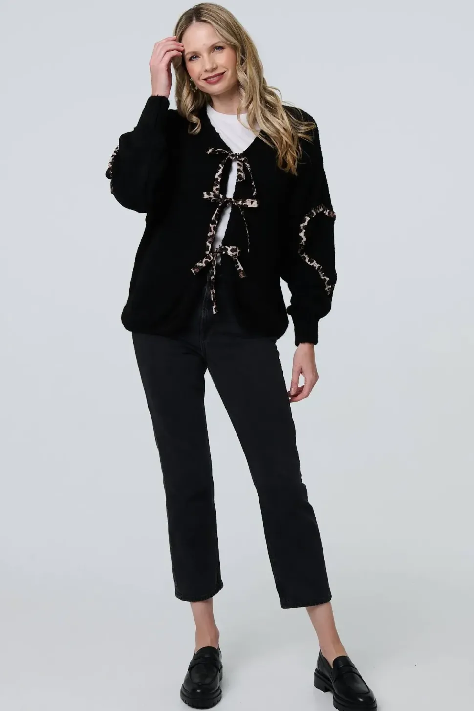 Animal Print Trim Tie Front Cardigan