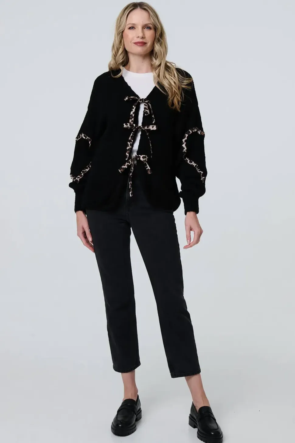 Animal Print Trim Tie Front Cardigan
