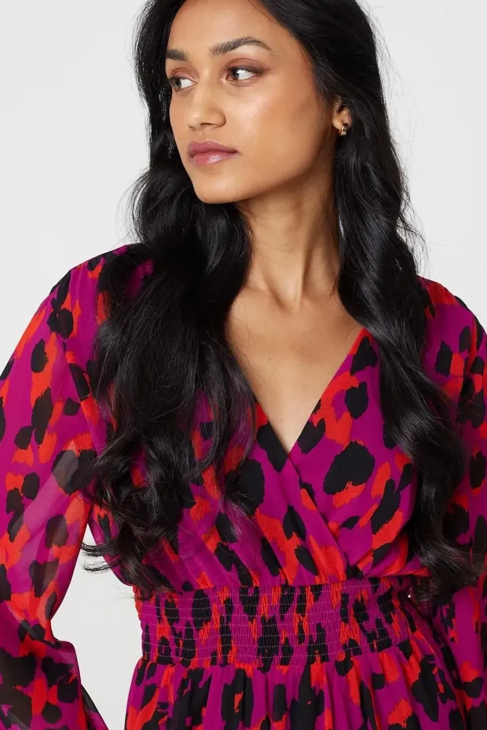 Animal Print V-Neck Curve Hem Midi Dress