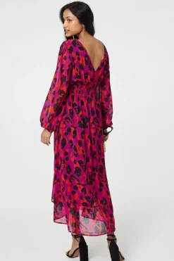 Animal Print V-Neck Curve Hem Midi Dress