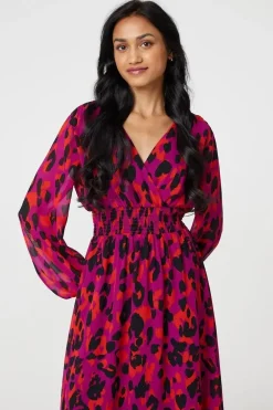 Animal Print V-Neck Curve Hem Midi Dress