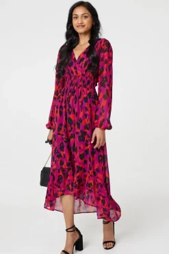 Animal Print V-Neck Curve Hem Midi Dress