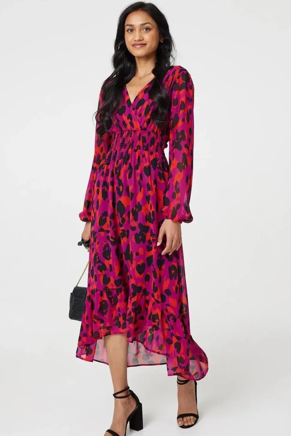 Animal Print V-Neck Curve Hem Midi Dress
