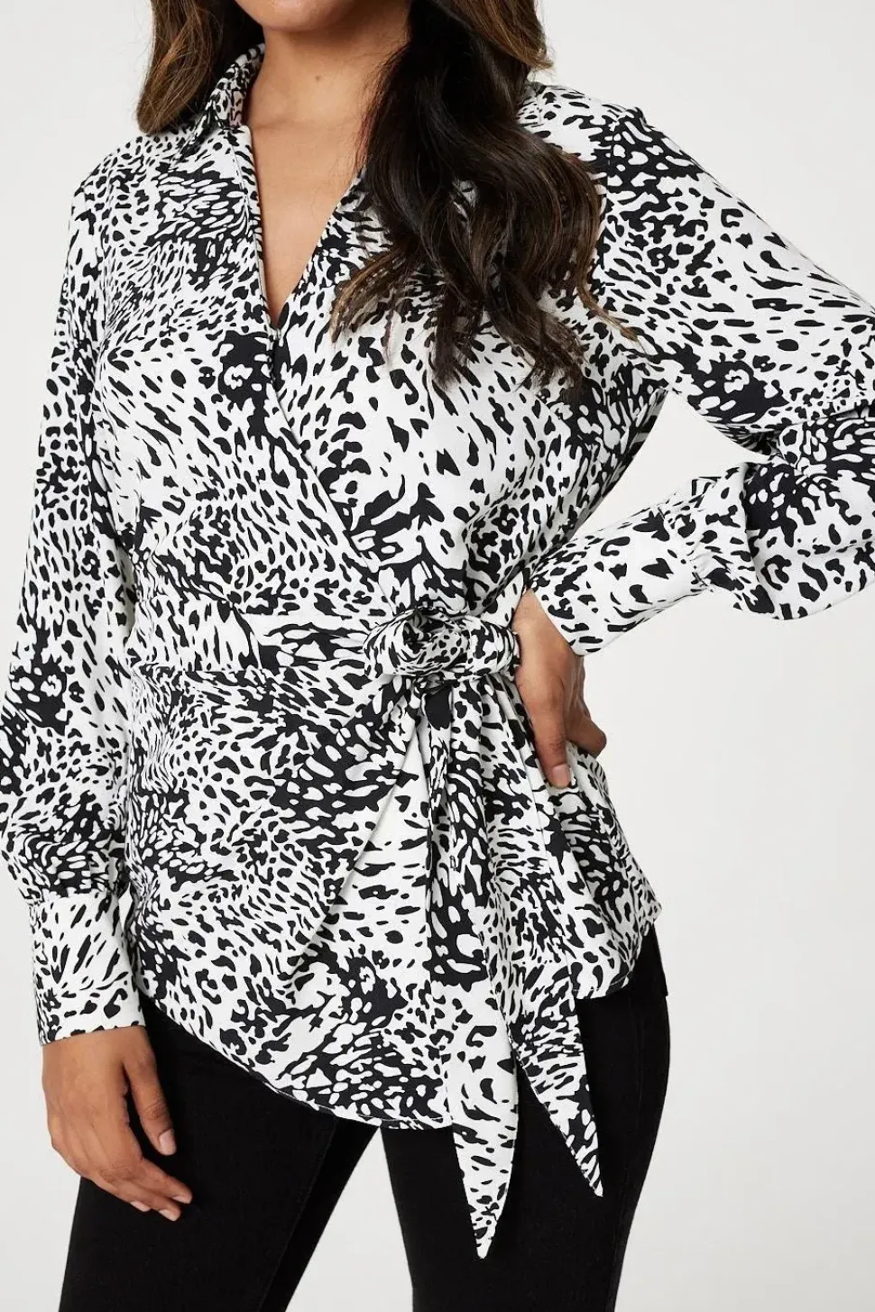 Animal Print Wrap Front Blouse