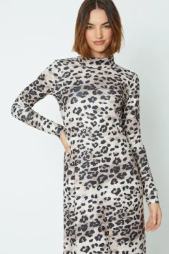 Animal Roll Neck Long Sleeve Jersey Dress
