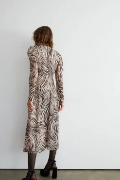 Animal Ruched Front V Neck Midi Dress