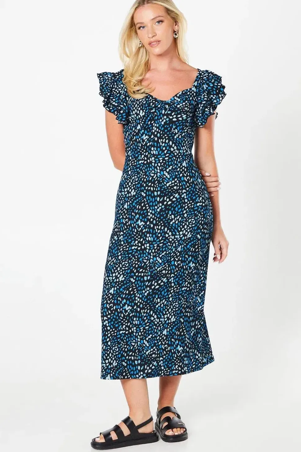 Animal Ruffle Sleeve Midi Dress
