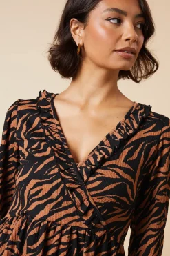 Animal Ruffle wrap long sleeve mini dress