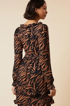 Animal Ruffle wrap long sleeve mini dress