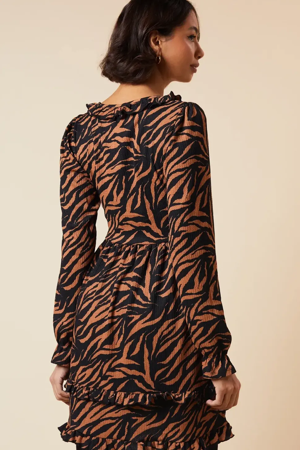 Animal Ruffle wrap long sleeve mini dress