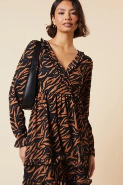 Animal Ruffle wrap long sleeve mini dress