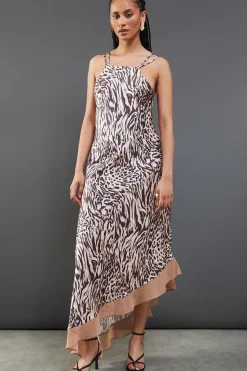 Animal Satin Strappy Asymmetric Chiffon Insert Midi Dress