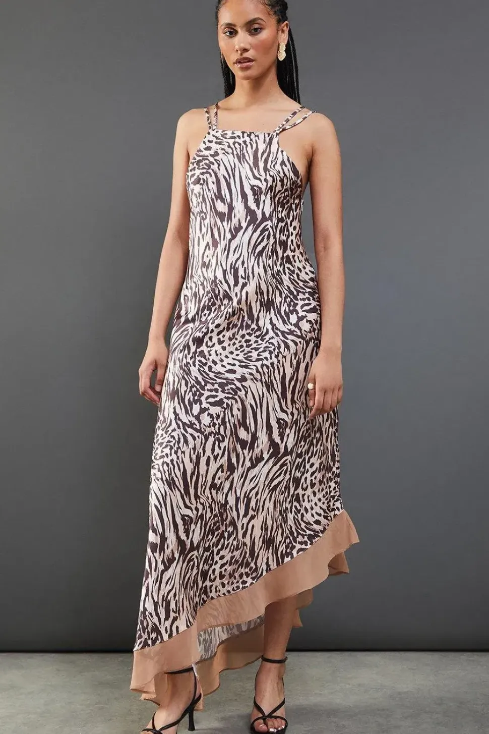 Animal Satin Strappy Asymmetric Chiffon Insert Midi Dress