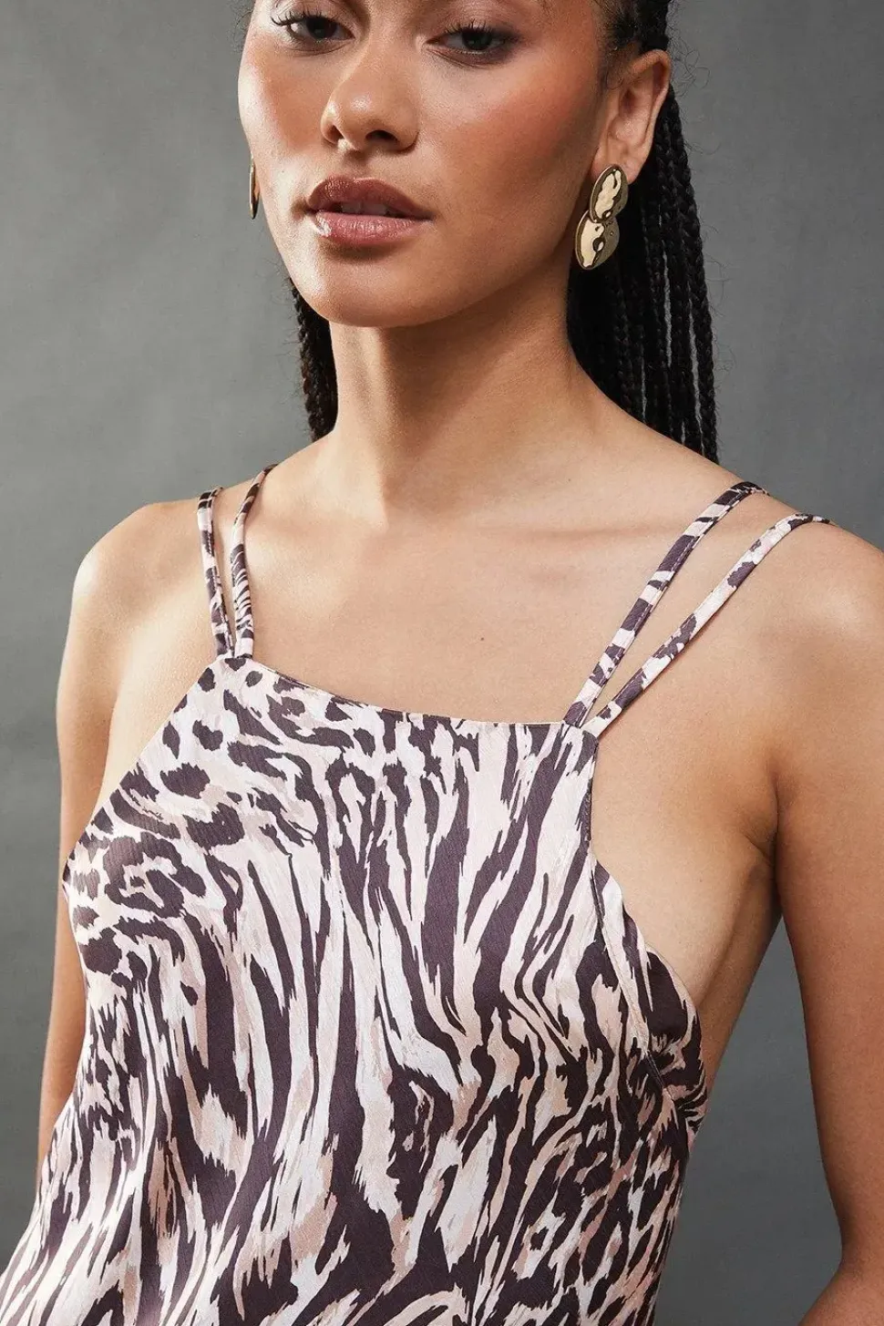 Animal Satin Strappy Asymmetric Chiffon Insert Midi Dress