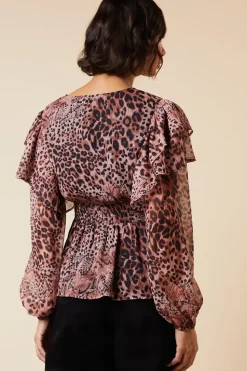 Animal Shirred Waist Button Front Chiffon Long Sleeve Blouse