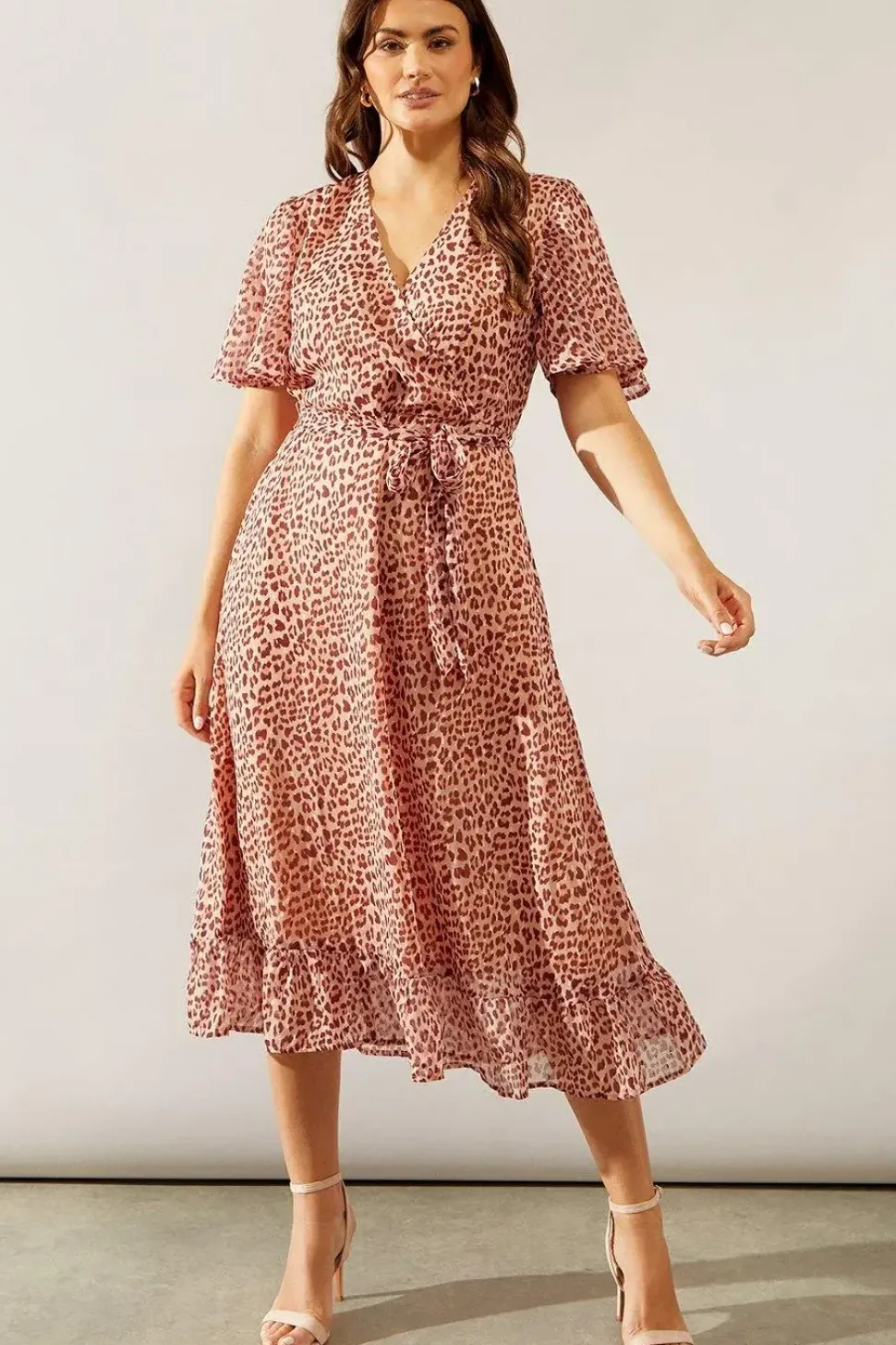 Animal Texture Wrap Flutter Sleeve Midi Dress