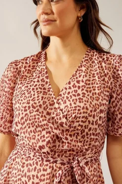 Animal Texture Wrap Flutter Sleeve Midi Dress