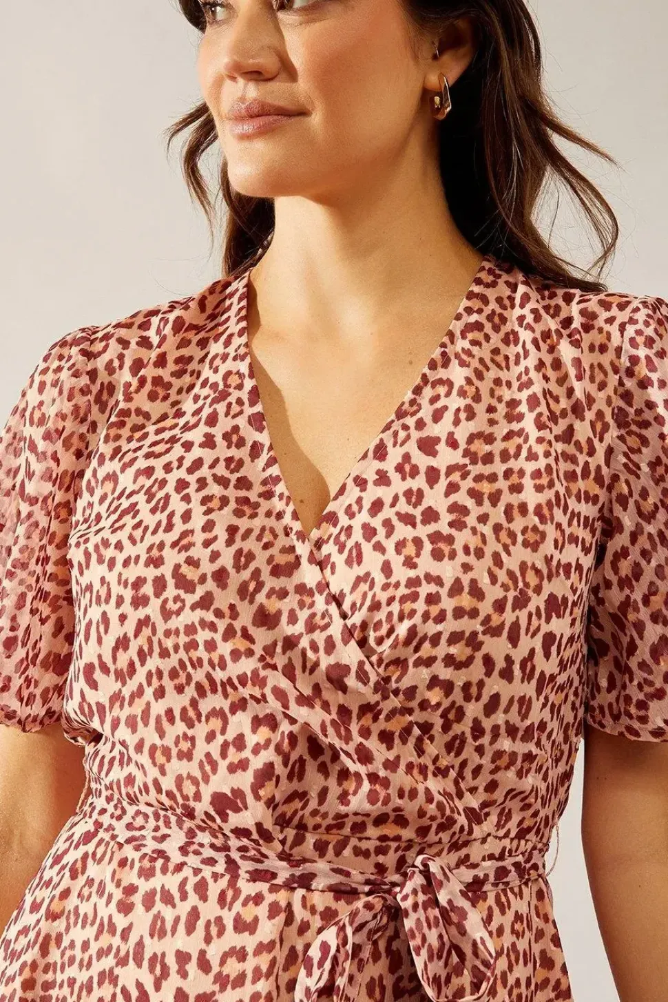 Animal Texture Wrap Flutter Sleeve Midi Dress