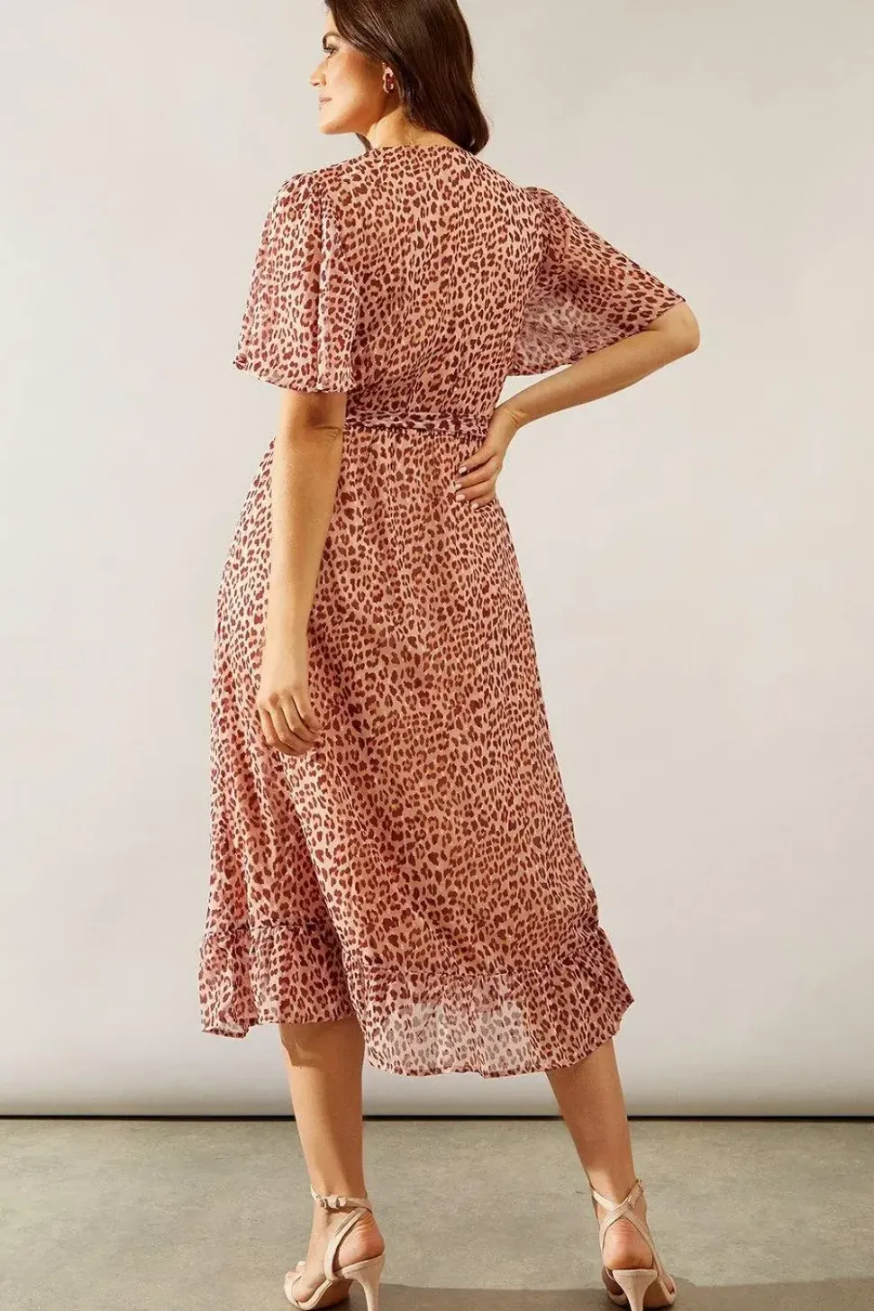 Animal Texture Wrap Flutter Sleeve Midi Dress