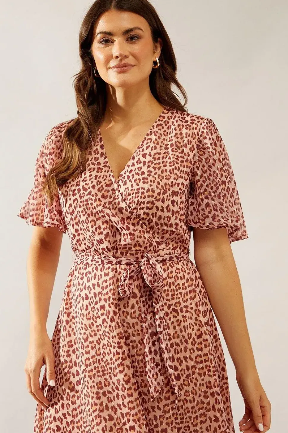 Animal Texture Wrap Flutter Sleeve Midi Dress