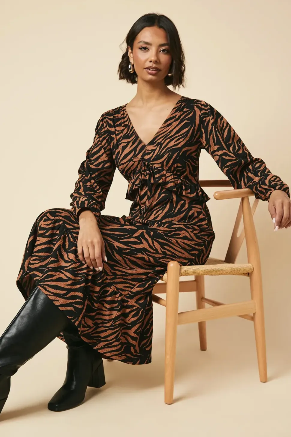 Animal Tie Front Ruffle Bust Long Sleeve Midi Dress