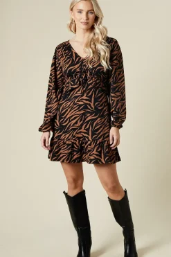 Animal Tie Front Ruffle Bust Long Sleeve Mini Dress
