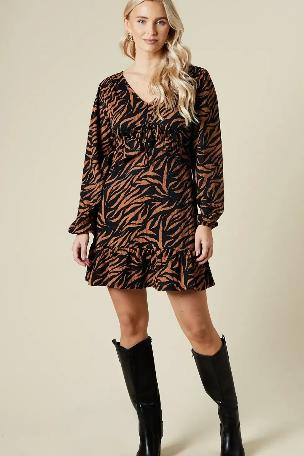 Animal Tie Front Ruffle Bust Long Sleeve Mini Dress