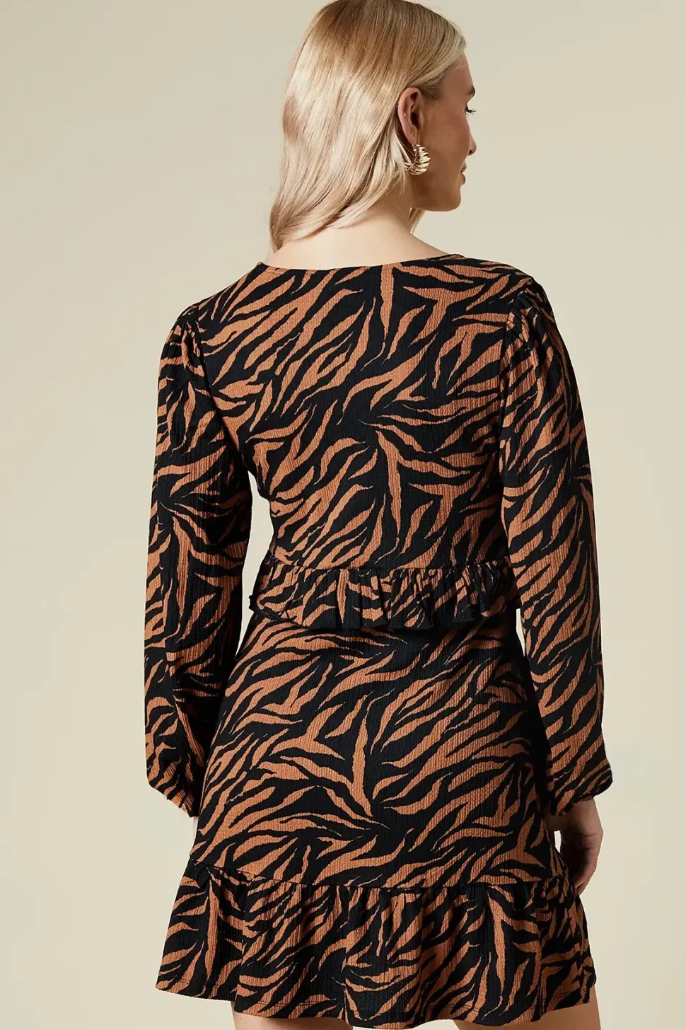 Animal Tie Front Ruffle Bust Long Sleeve Mini Dress