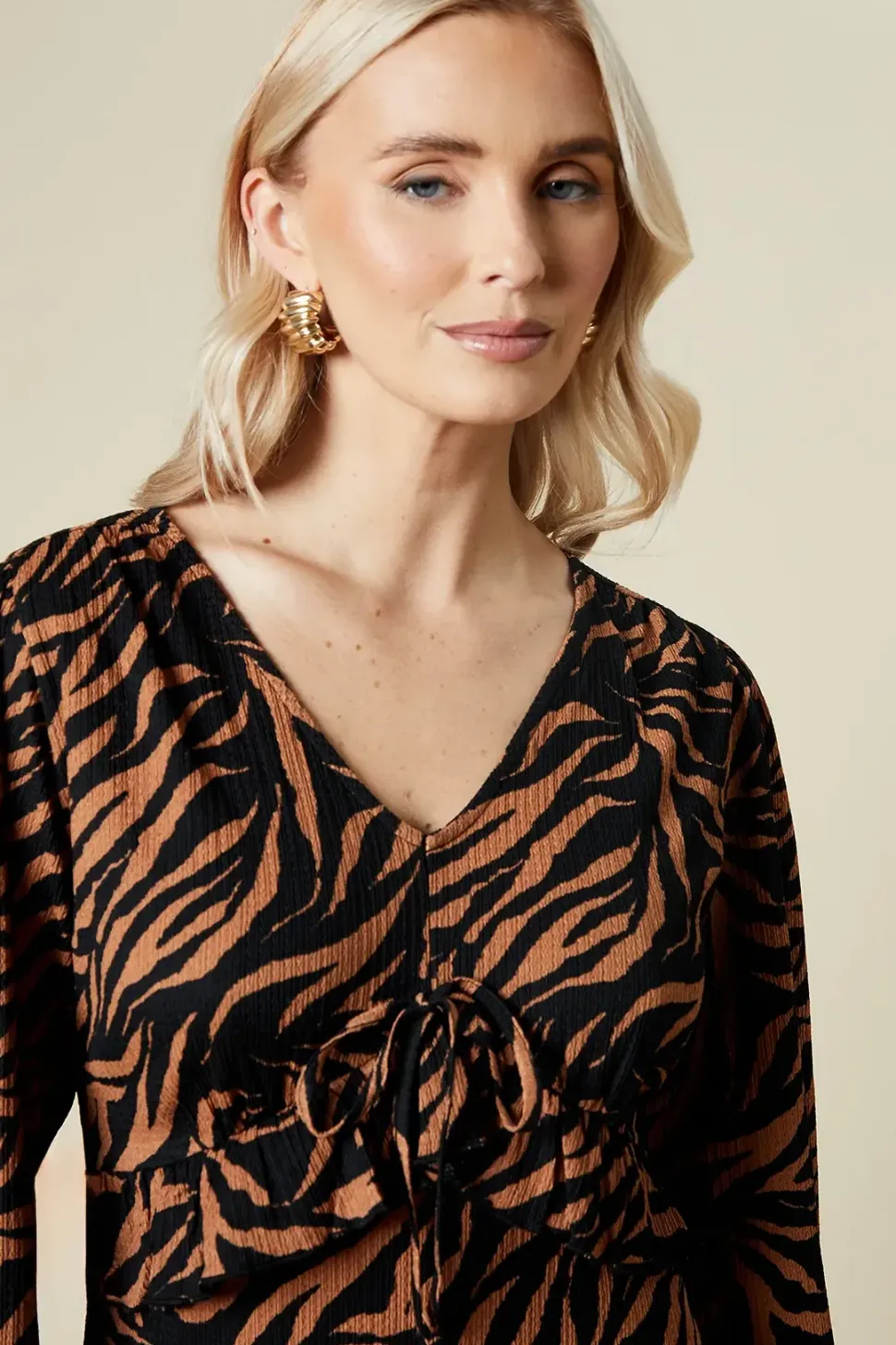 Animal Tie Front Ruffle Bust Long Sleeve Mini Dress
