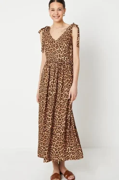 Animal Tie Shoulder V Neck Midi Dress