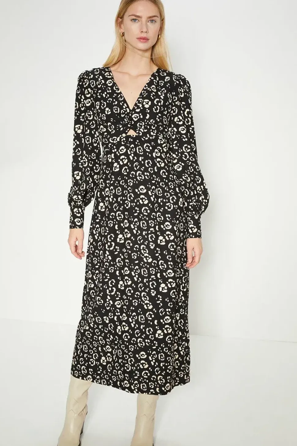 Animal Twist Front Crepe Midi Dress
