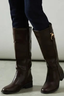 Aria Faux Leather Trim Detail Medium Block Heel Riding Knee Boot