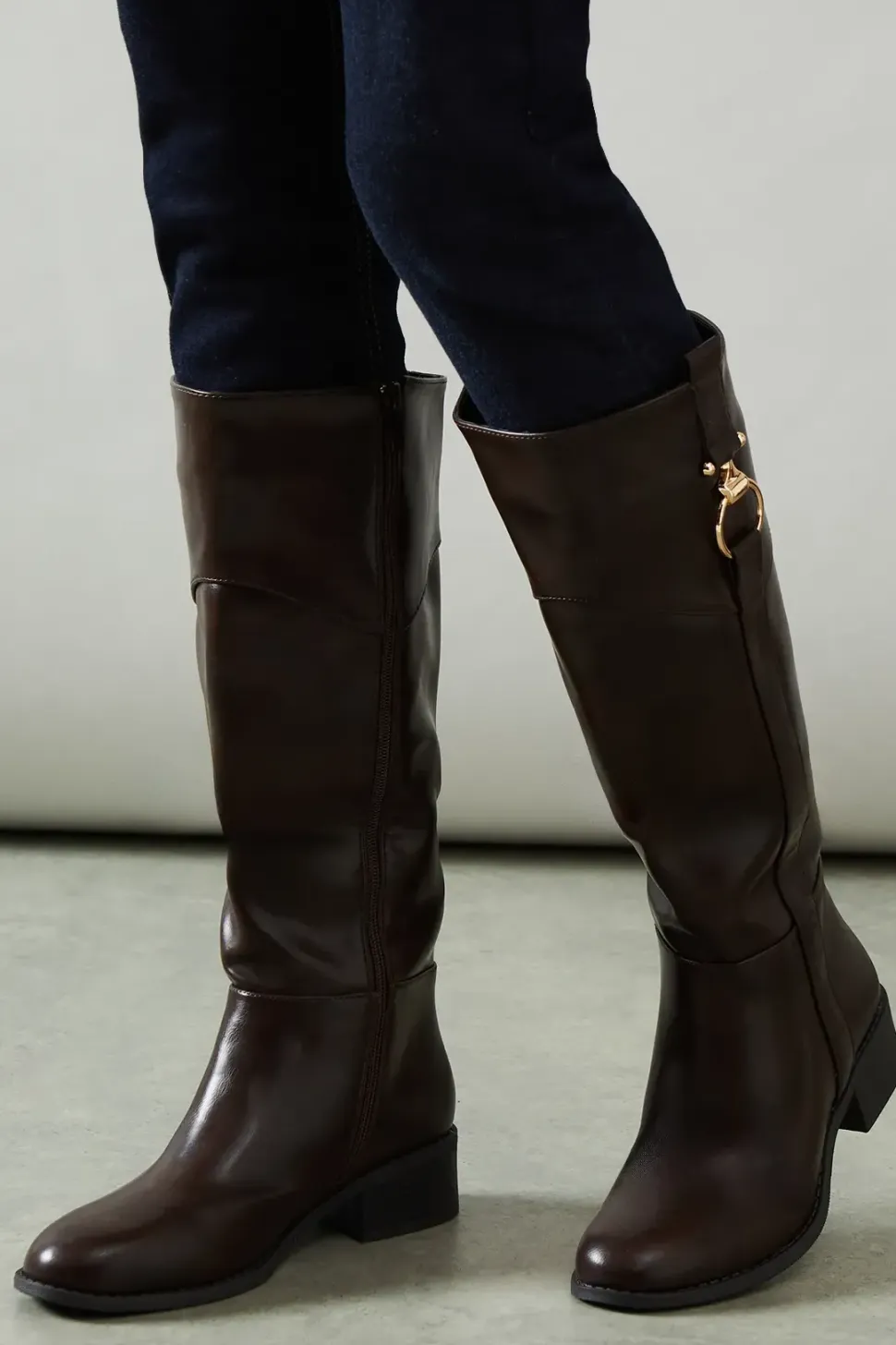 Aria Faux Leather Trim Detail Medium Block Heel Riding Knee Boot