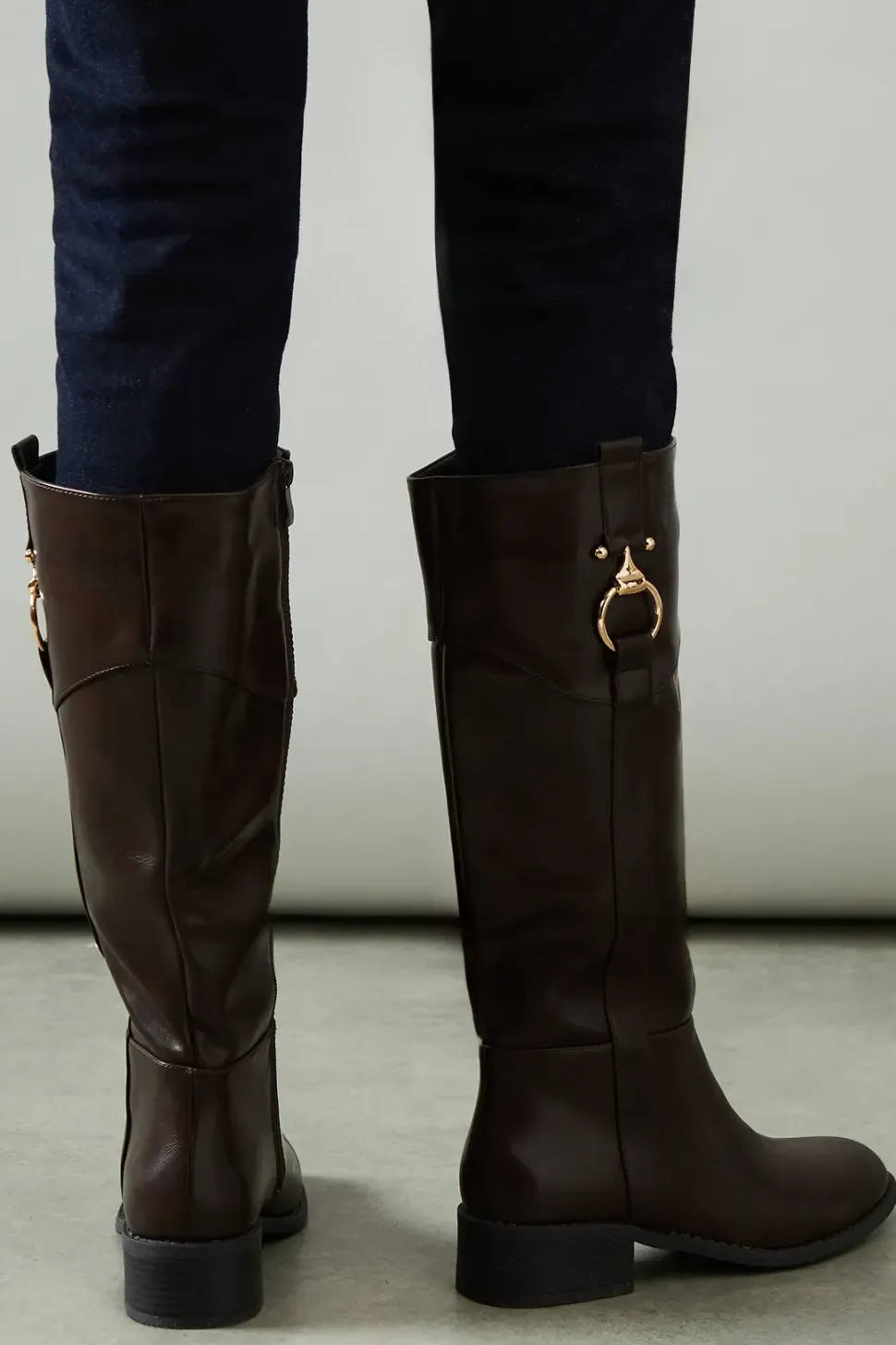 Aria Faux Leather Trim Detail Medium Block Heel Riding Knee Boot