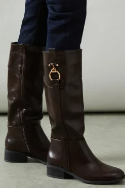 Aria Faux Leather Trim Detail Medium Block Heel Riding Knee Boot