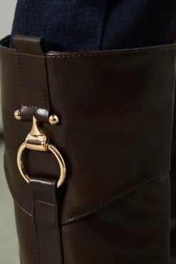Aria Faux Leather Trim Detail Medium Block Heel Riding Knee Boot