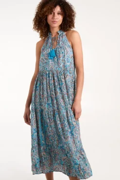 Art Tie Neck Smock Maxi Dress