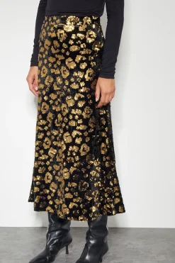 Arwen Sequin Leopard Velvet Midi Skirt Black