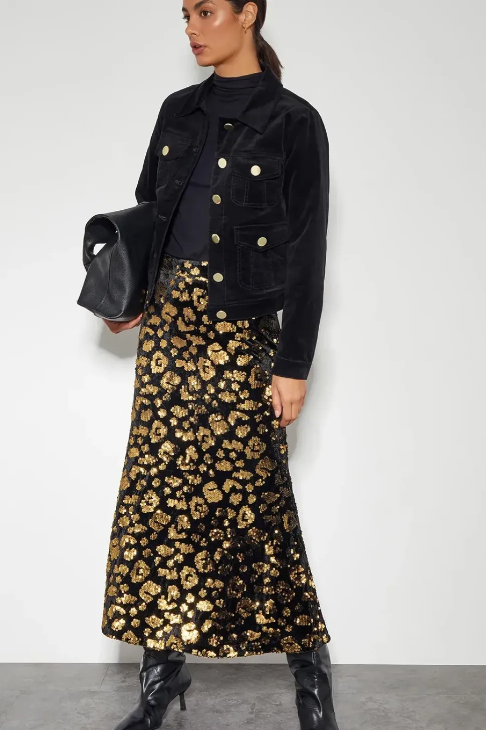 Arwen Sequin Leopard Velvet Midi Skirt Black