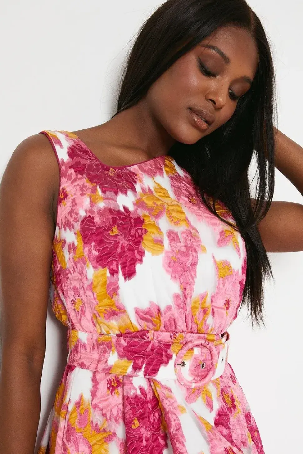 Asymmetrical Sleeveless Jacquard Midi Dress