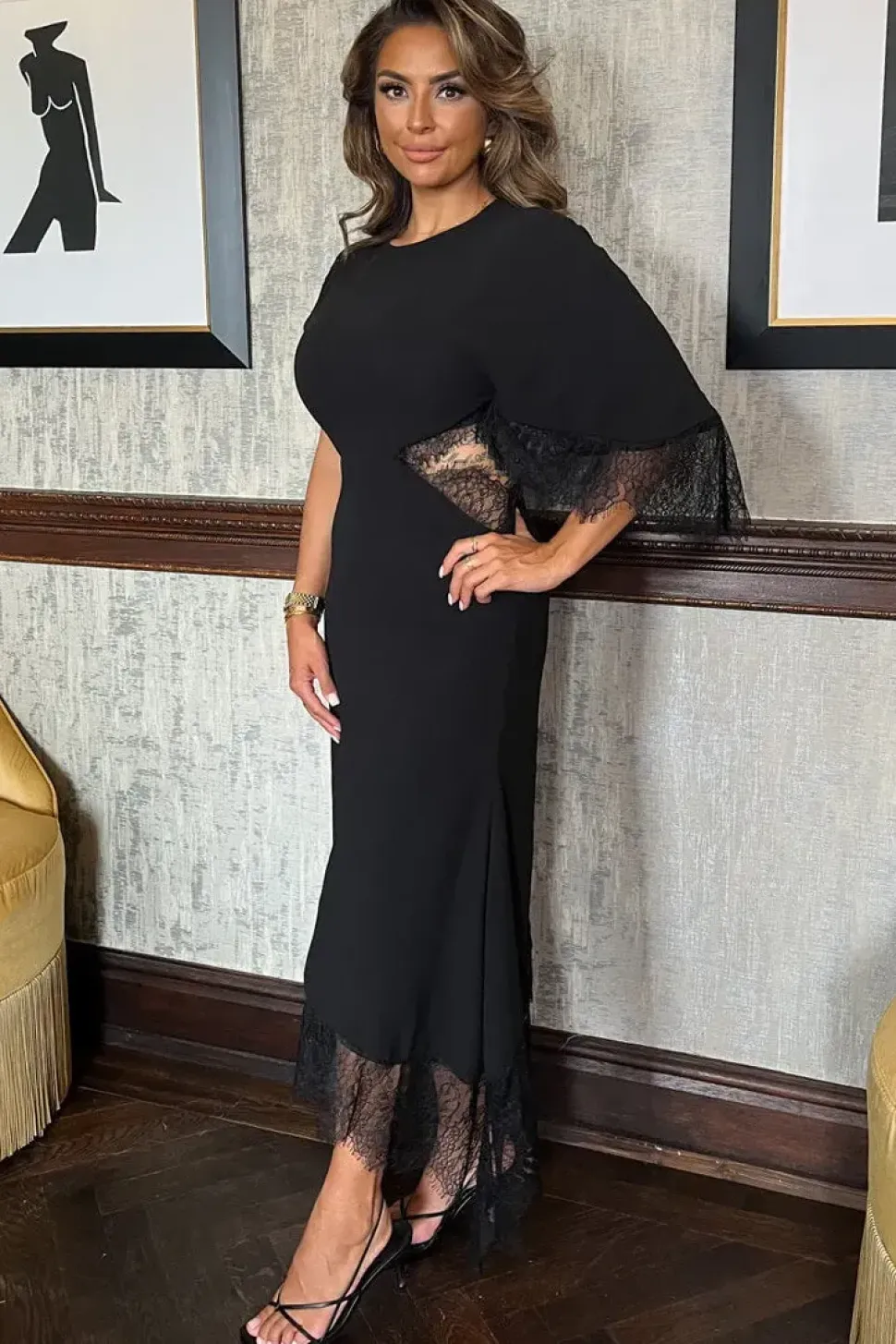 Asymmetric Batwing Lace Detailing Cut Out Midi Dress