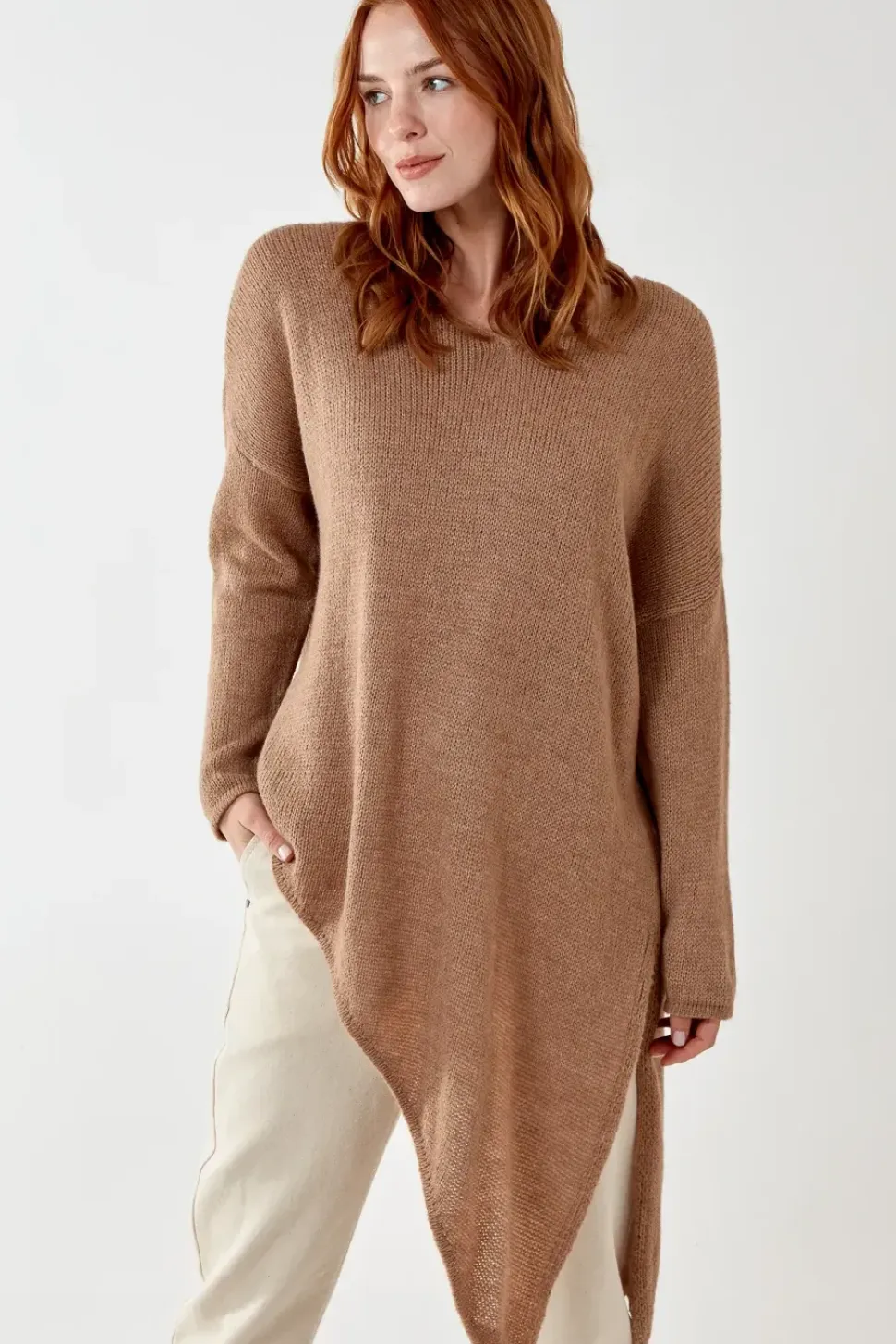 Asymmetric Knitted V Neck Jumper