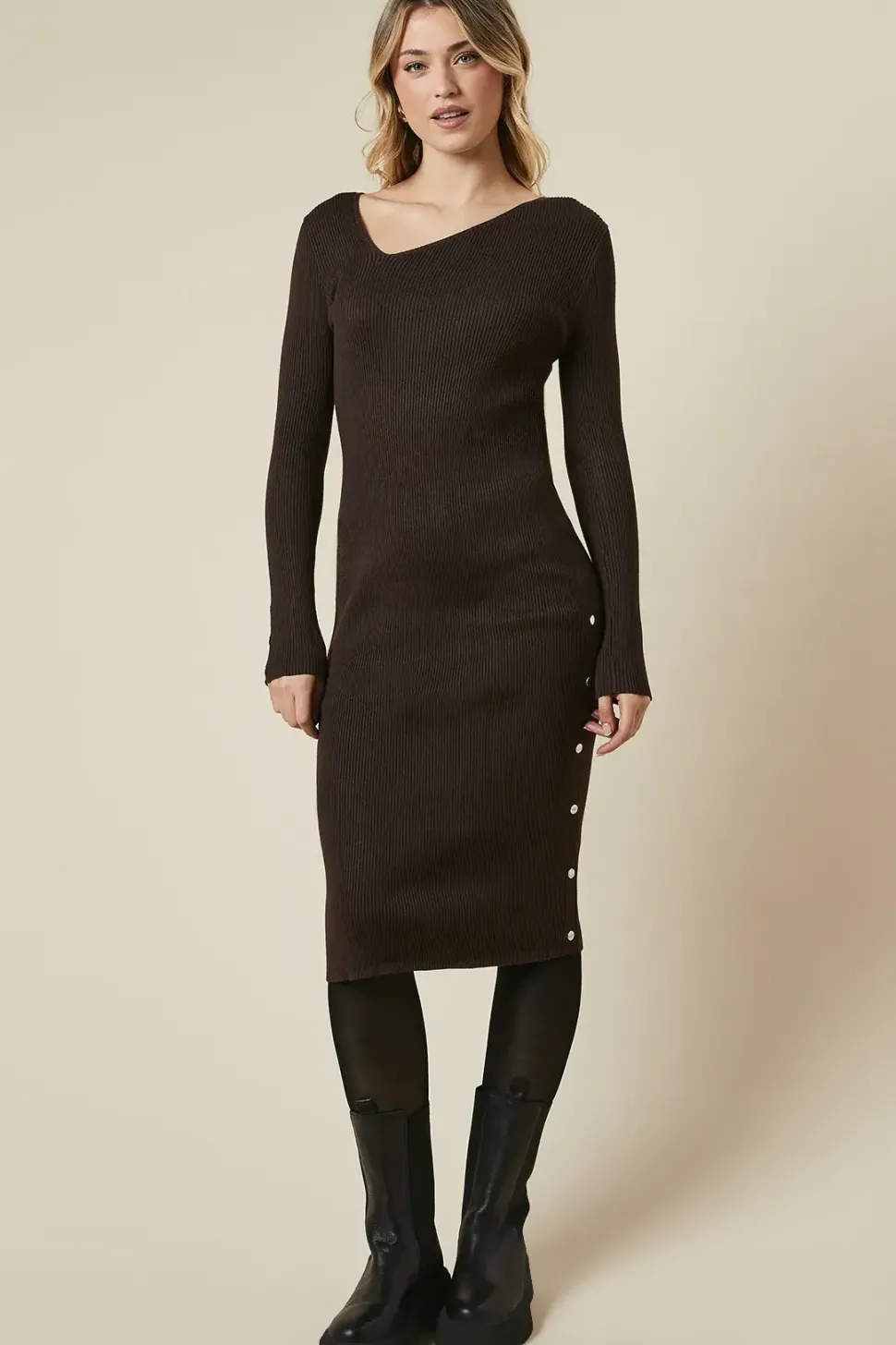 Asymmetric Neckline Knitted Button Down Midi Dresss